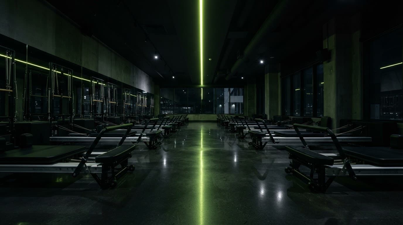 Estudio de pilates con reformers, iluminación nocturna